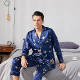 Long Galaxy Print Men Silk Pajama Set Luxury Silk Nightwear