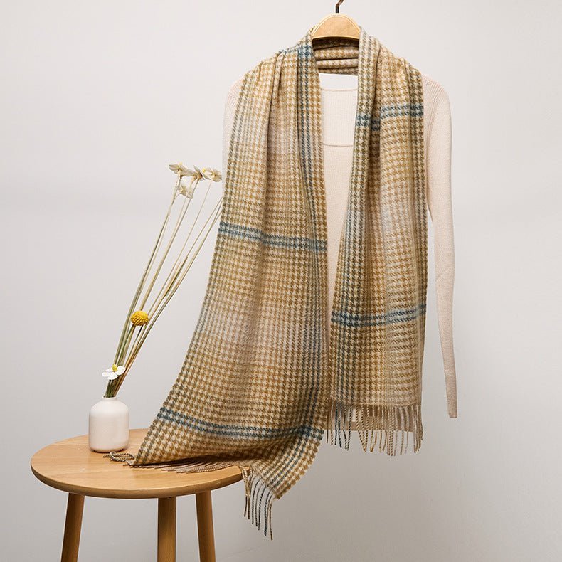 Long Plaid Cashmere Scarf With Tassel Winter Warps With Fringe