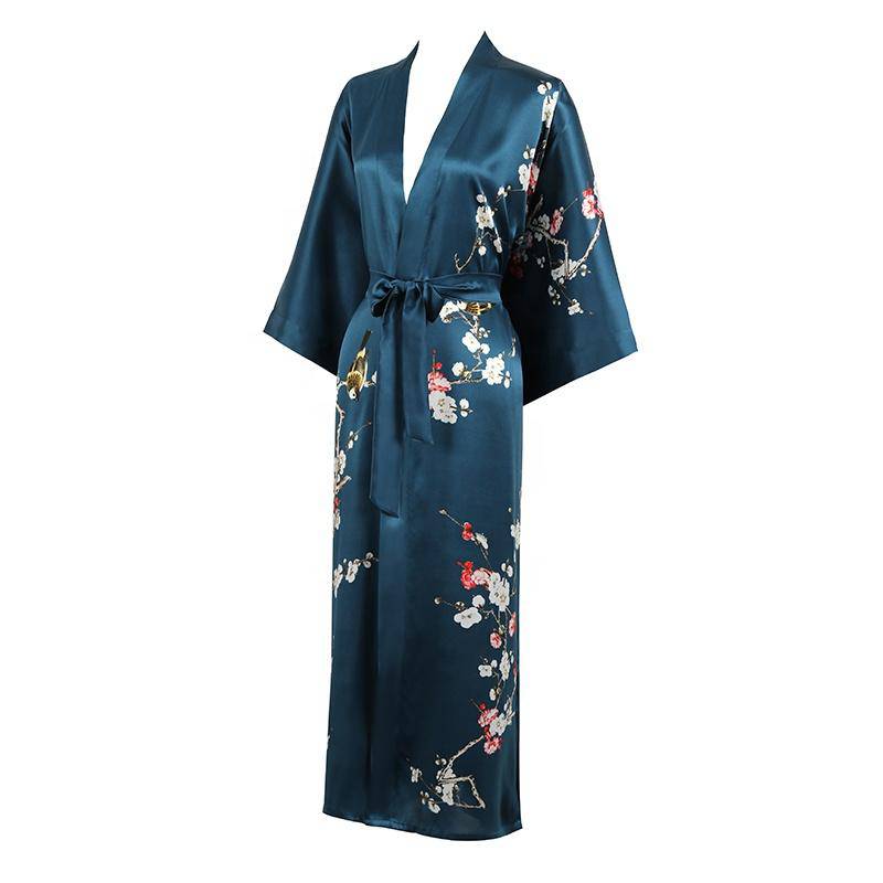 Long Silk Kimono For Women Cherry Blossom Printing Silk Robe