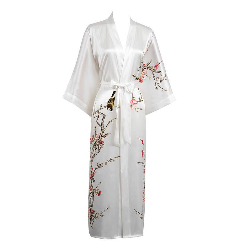 Long Silk Kimono For Women Cherry Blossom Printing Silk Robe
