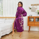 Long Silk Kimono For Women Cherry Blossom Printing Silk Robe Dark Teal One size fits most