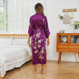 Long Silk Kimono For Women Cherry Blossom Printing Silk Robe Dark Teal One size fits most