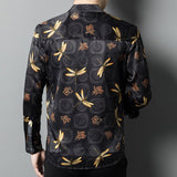 Long Sleeve Silk Shirts for Men Silk Dragonfly Print Dress Shirt