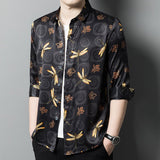 Long Sleeve Silk Shirts for Men Silk Dragonfly Print Dress Shirt