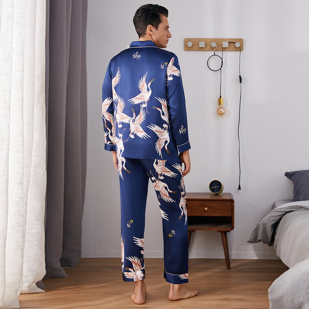 Men Crane Print Long Silk Pajamas Set Pure Silk Sleepwear