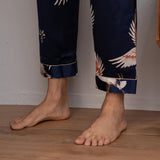 Men Crane Print Long Silk Pajamas Set Pure Silk Sleepwear