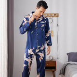 Men Crane Print Long Silk Pajamas Set Pure Silk Sleepwear