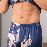 Mens Crane Print Silk Pajama Set 100% Mulberry Silk Sleepwear