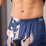 Mens Crane Print Silk Pajama Set 100% Mulberry Silk Sleepwear