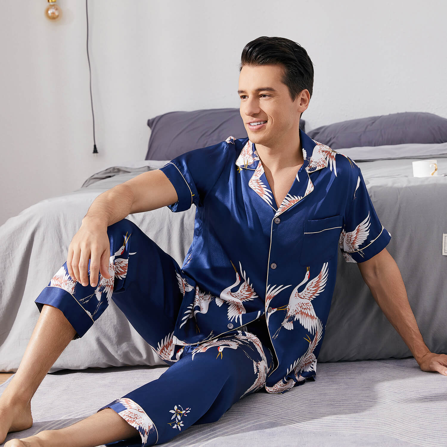 Mens Crane Print Silk Pajama Set 100% Mulberry Silk Sleepwear