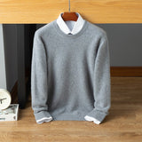 Mens Crew Neck Cashmere Sweater Long Sleeve Ribbed Hem Soft Knit Coat