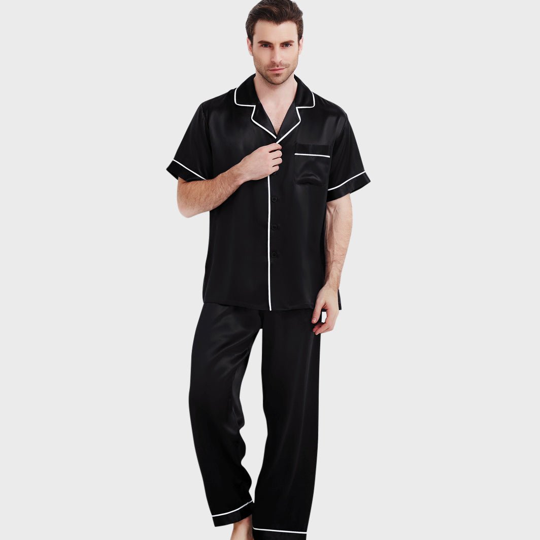 Men's Luxury Silk Pajamas Set Short Sleeve Long Pants Nightwear