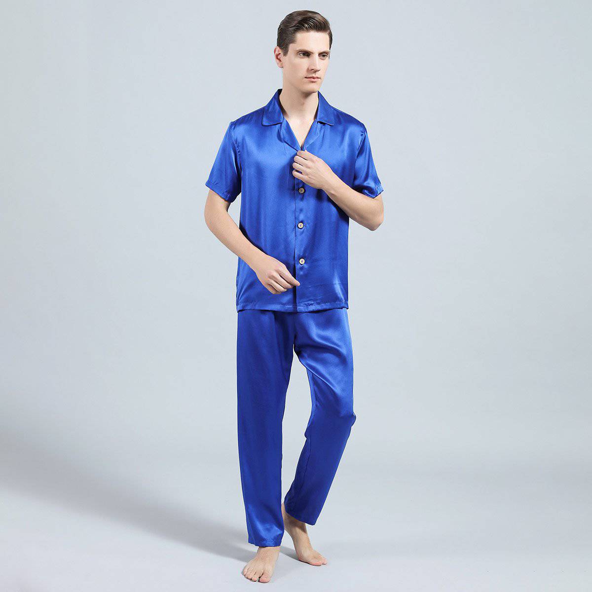 Mens Silk Pajama Set Short Sleeved Long Pants Silk Sleepwear