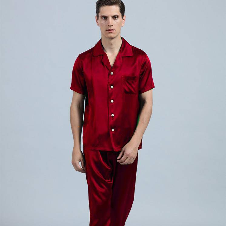 Mens Silk Pajama Set Short Sleeved Long Pants Silk Sleepwear
