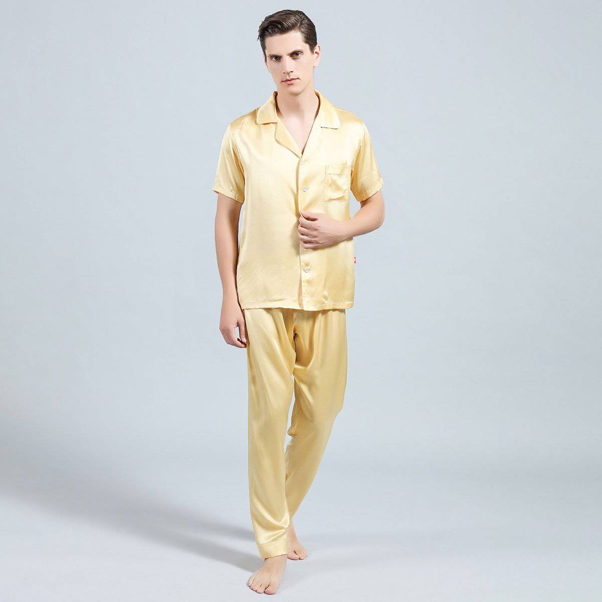 Mens Silk Pajama Set Short Sleeved Long Pants Silk Sleepwear