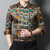 Mens Silk Shirts Geometric Print Retro Art Silk Dress Shirts