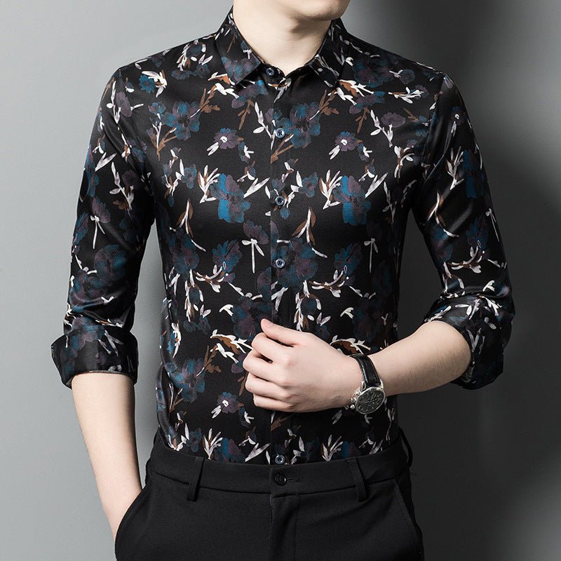 Mens Silk Shirts Long Sleeve Silk Floral Print Dress Shirts