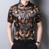 Mens Silk Shirts Short Sleeve Autumn Ginkgo Leaf Print Silk Dressing Shirt