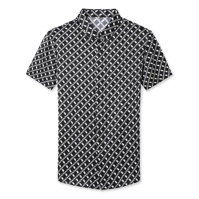 Mens Silk Shirts Short Sleeve Geometric Grid Print Silk Dress Shirt
