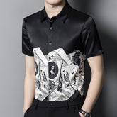Mens Silk Shirts Short Sleeve Monochrome Vintage Graphic Print Silk Dress Shirt
