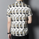 Mens Silk Shirts Short Sleeve Retro Geometric Print Silk Dress Shirt