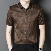 Mens Silk Shirts Short Sleeve Textured Pattern Silk Dress Shirt