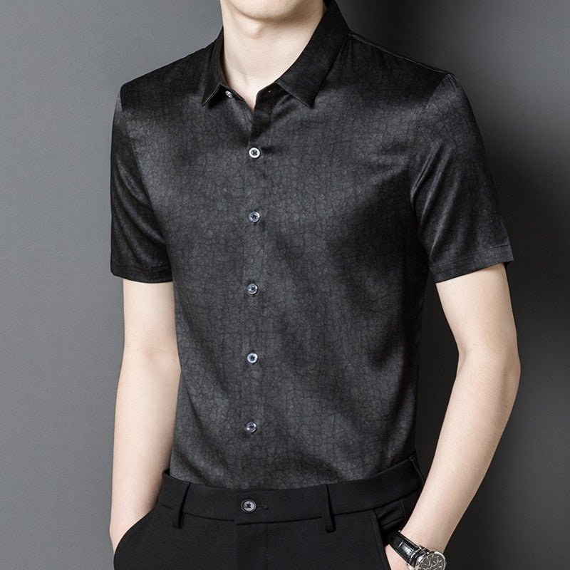 Mens Silk Shirts Short Sleeve Textured Pattern Silk Dress Shirt