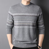 Mens Striped Crew Neck Pure Cashmere Sweater Cashmere Pullover Grey XS