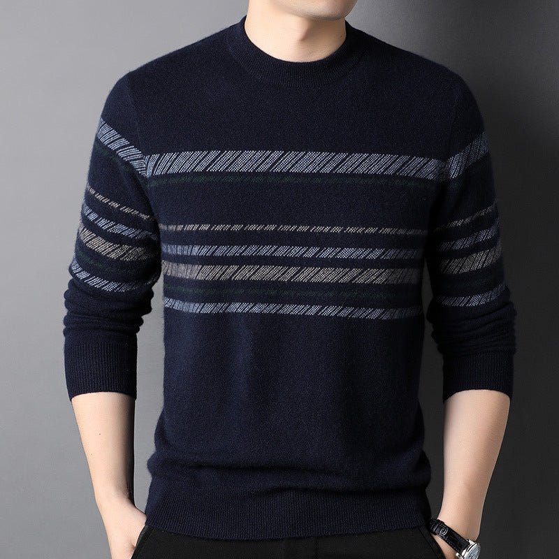 Mens Striped Crew Neck Pure Cashmere Sweater Cashmere Pullover Navy XS