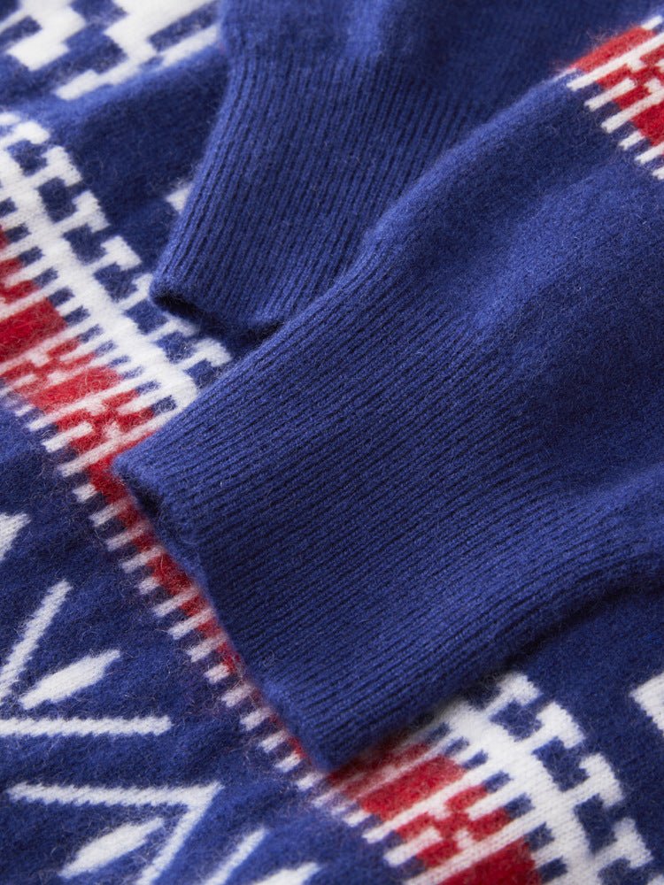 Mens Nordic Pattern Cashmere Sweater Mock Neck Long Sleeve Ribbed Hem Warm Knit