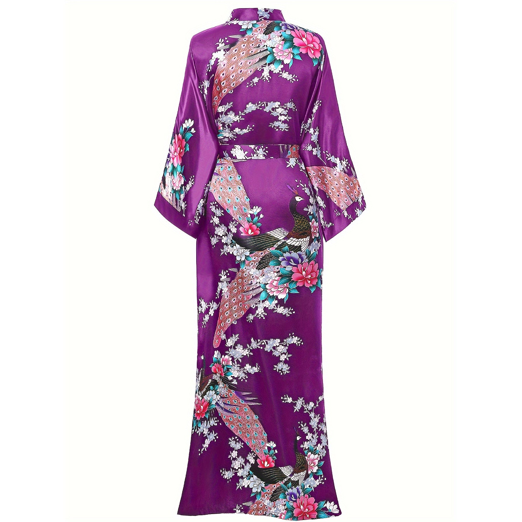 Women Silk Kimono Hand Painted Peacock & Flowers Nightwear