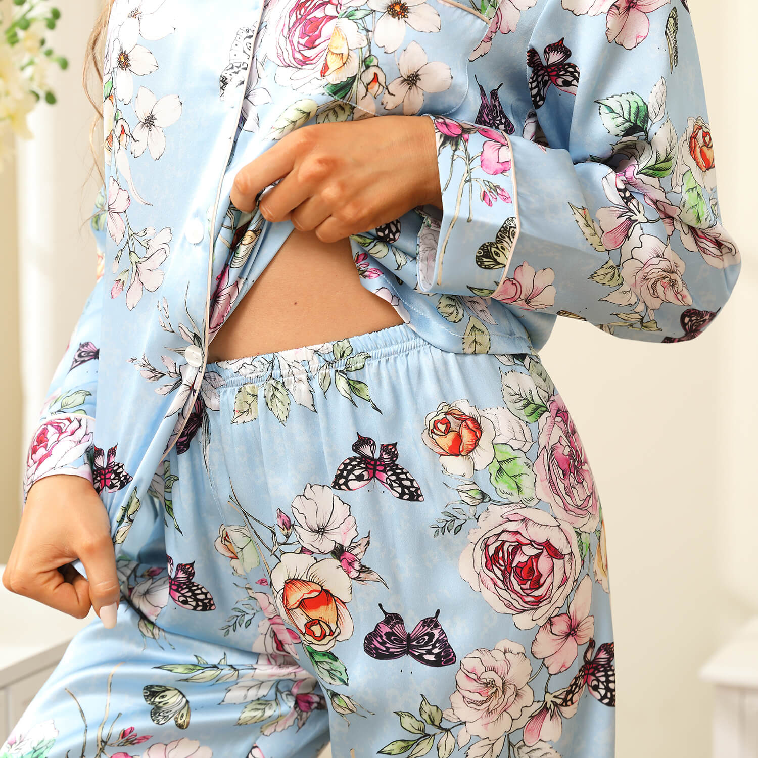 Luxury Print Silk Pajamas Floral Butterfly Silk Pajamas Set