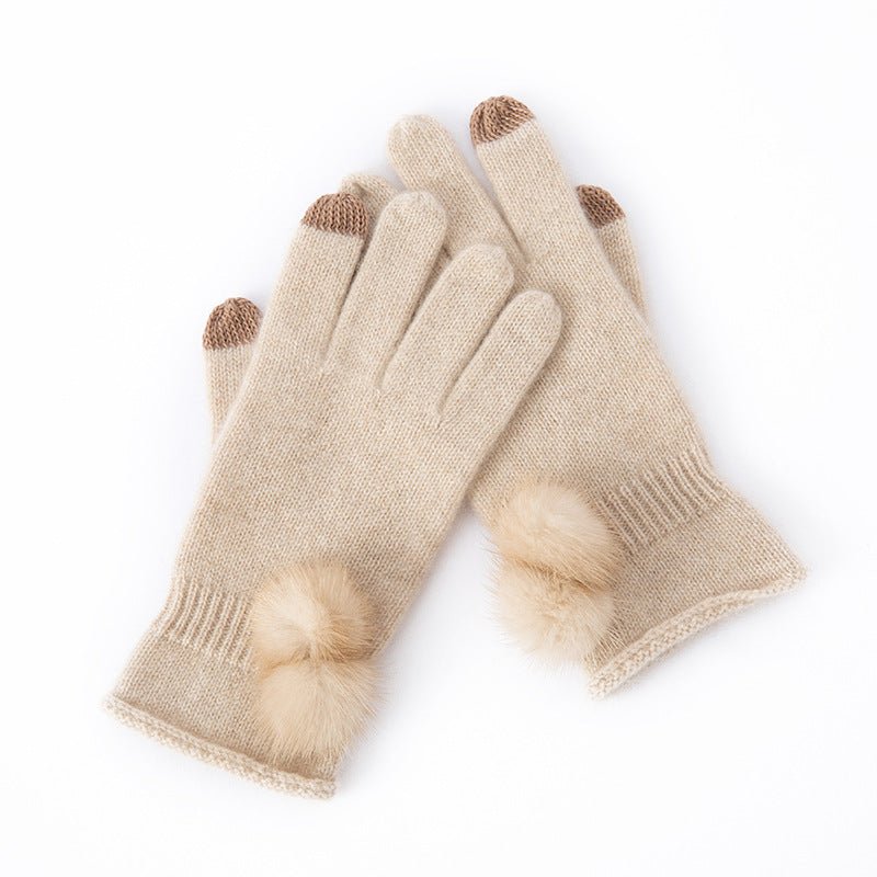 Pure Cashmere Women Full Fingers Gloves Touchscreen Cashmere Mittens with Fur Pom