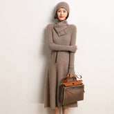 Ribbed Knit Cashmere Midi Dress Mock Neck Cashmere Dress for Women