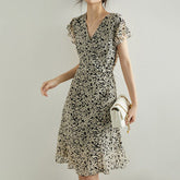 Silk Floral Dress for Women Silk Midi Dress Georgette Summer Dress Black XS