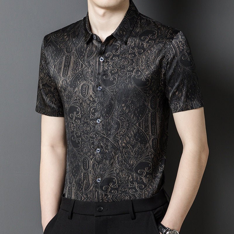 Silk Shirts for Men Short Sleeve Baroque Pattern Silk Dress Shirt