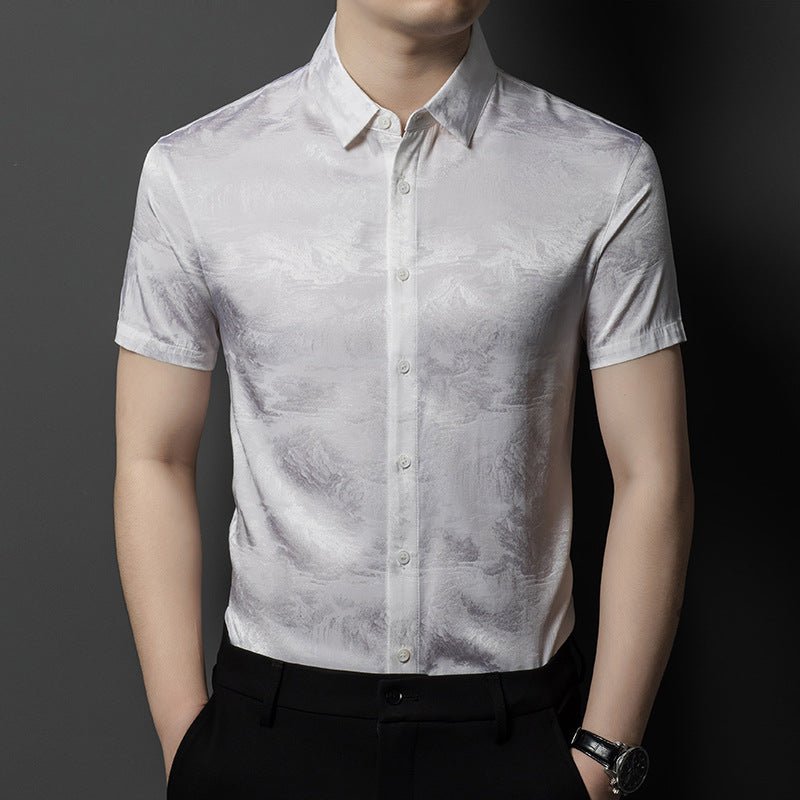 Silk Shirts for Men Short Sleeve Jacquard Silk Button Up Shirt
