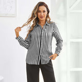 Women Stripe Silk Button Down Blouse Office Work Silk Shirts