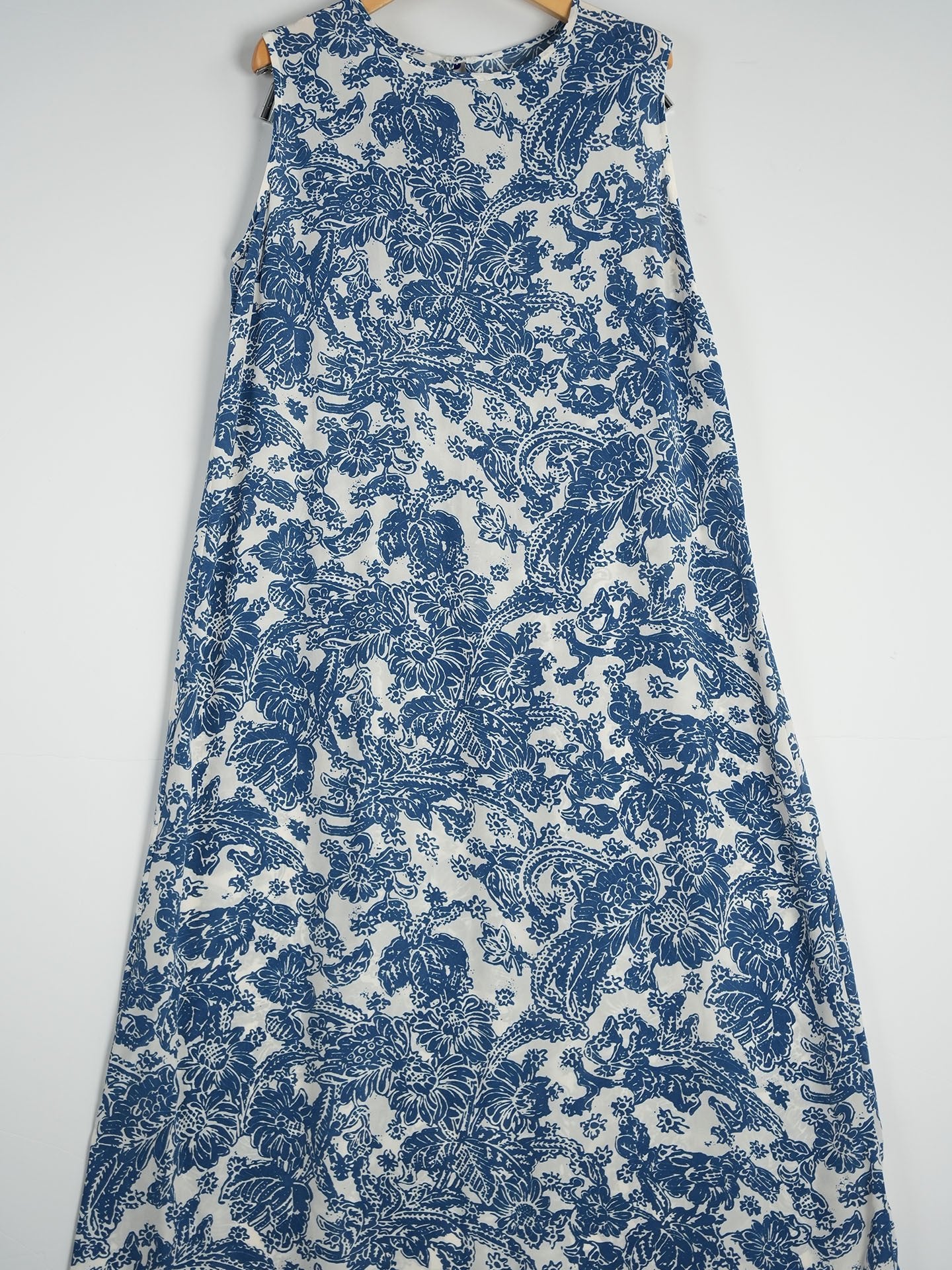 Toile Print Silk Midi Dress for Women Sleeveless Belted Silk Dress Blue XS