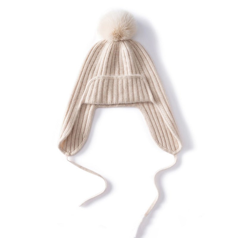 Unisex Cashmere Earflap Hat with Pom - Pom Cashmere Beanie with Tie