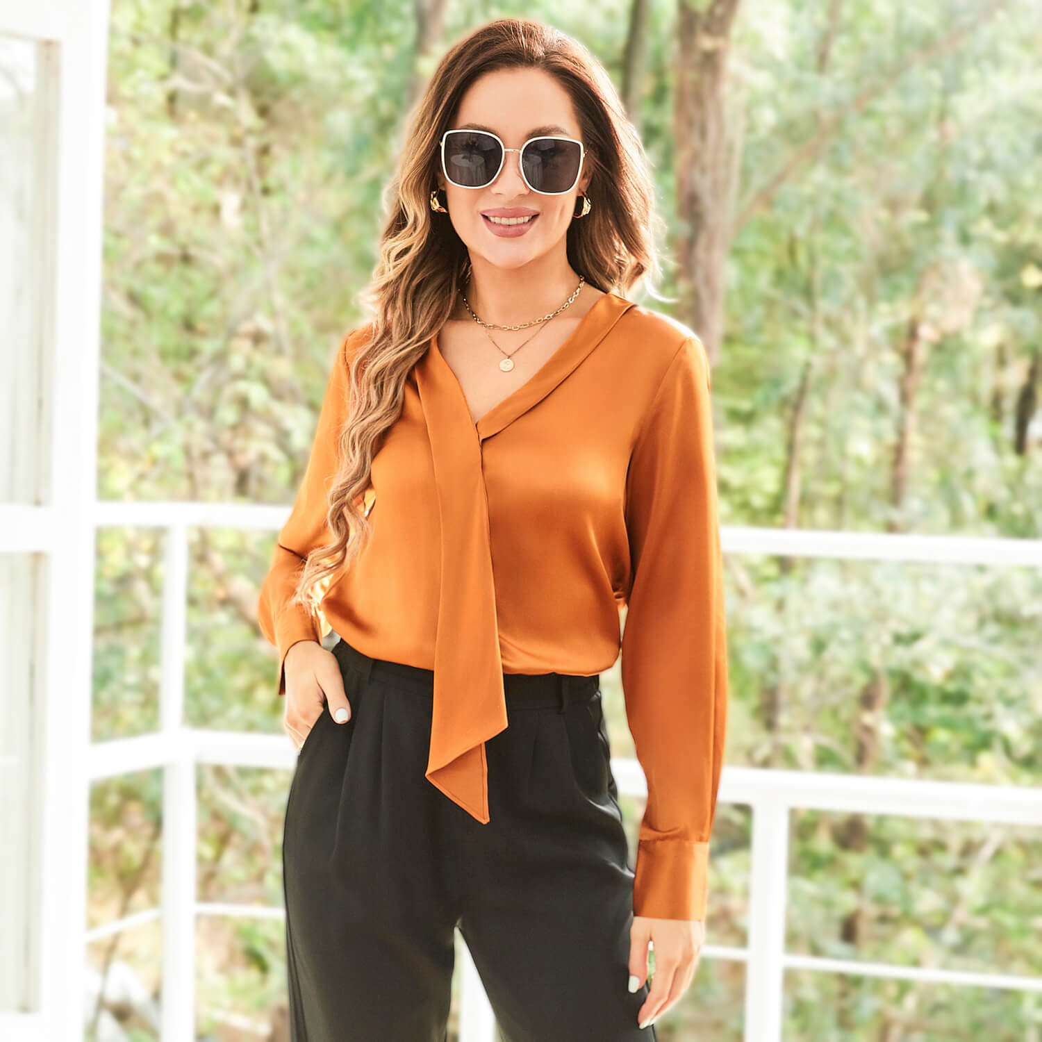 V Neck & Ribbon Silk Blouse For Women Long Sleeves Silk Shirt