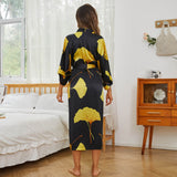 Women 100% Silk Robe Ginkgo Leaf Print Silk Kimono Robes