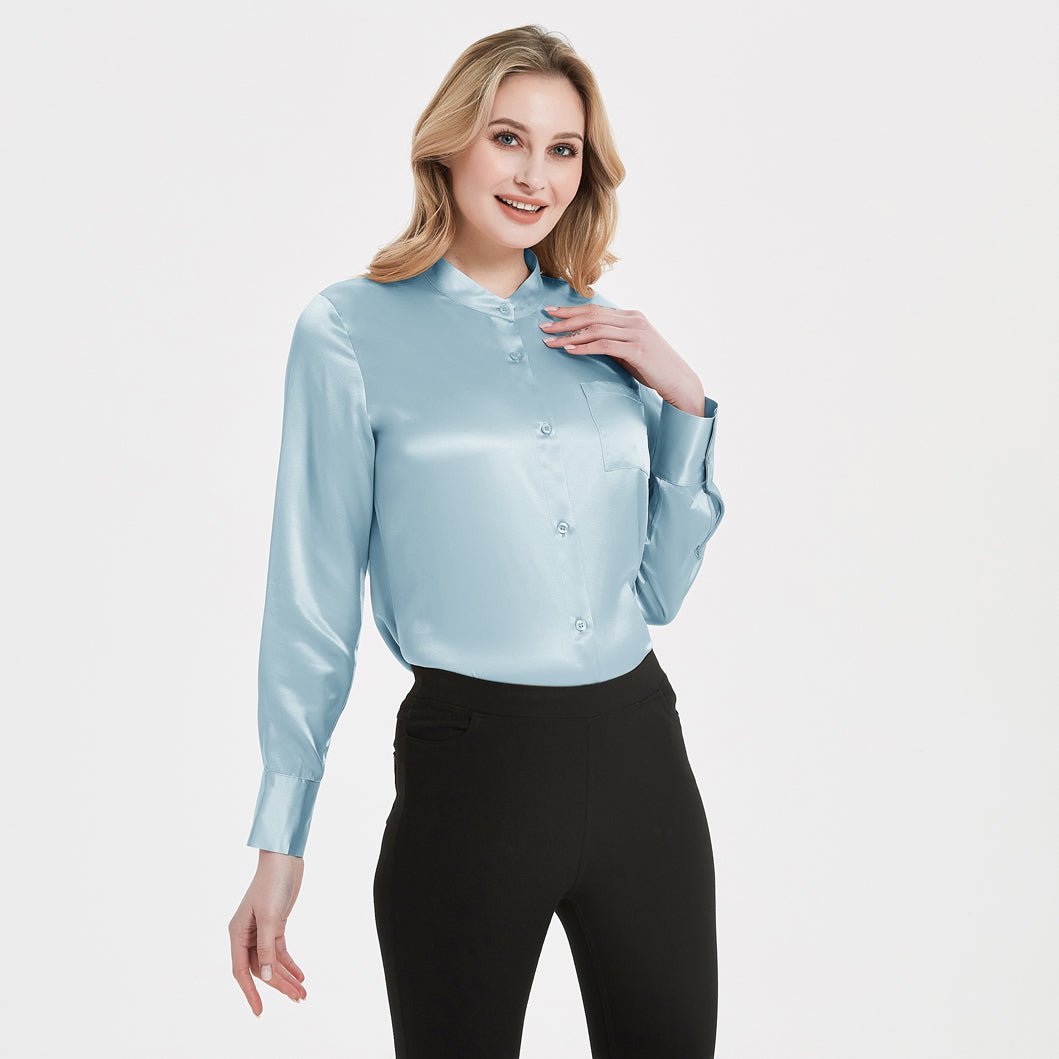 Women Band Collar Silk Blouse For Women 100% Pure Silk Blouse with Pocket