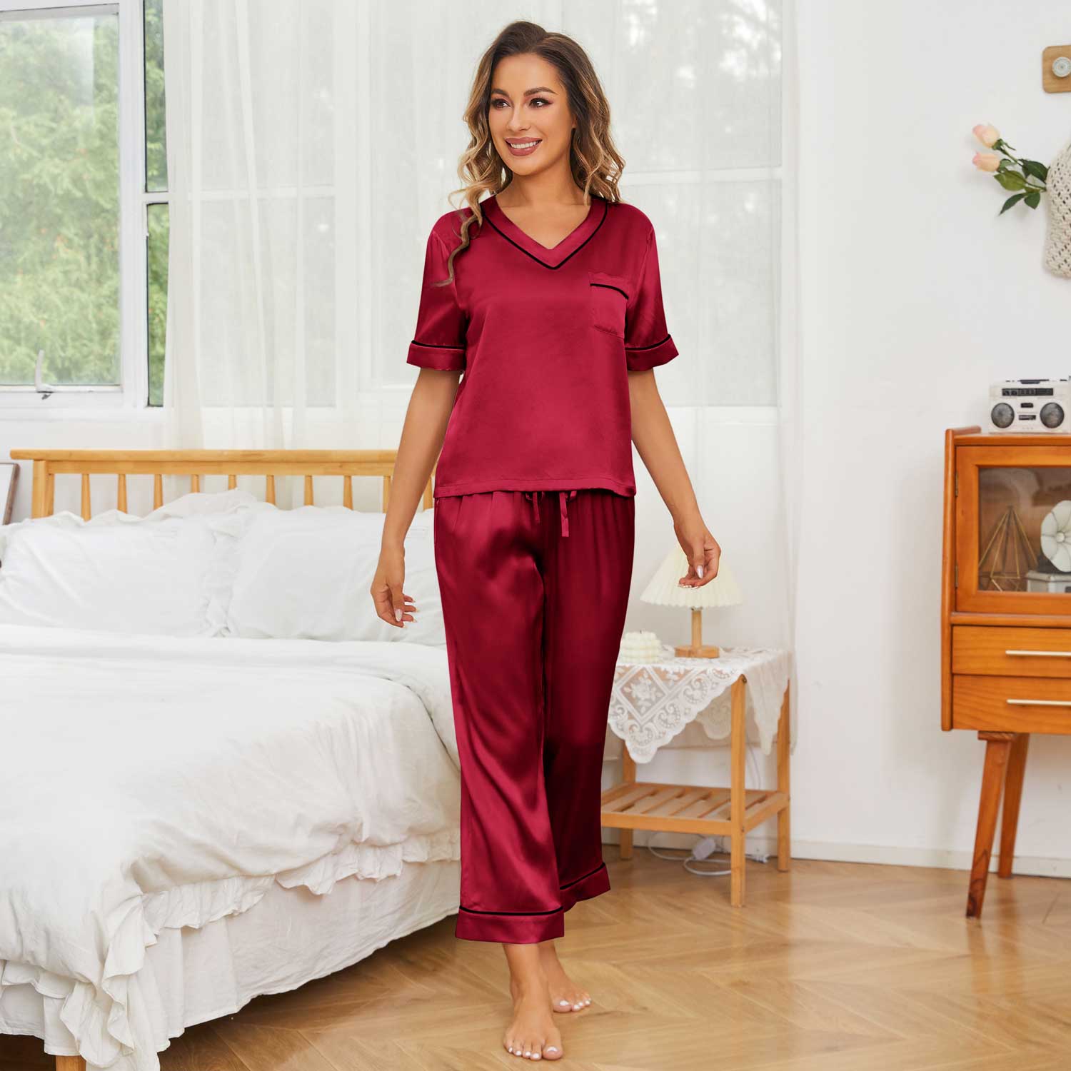 Women Short Sleeve Silk Pajama Sets 100% V Neck Silk Pjs