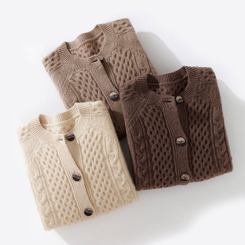 Womens Chunky Cable Knit Cashmere Cardigan With Oversized Buttons