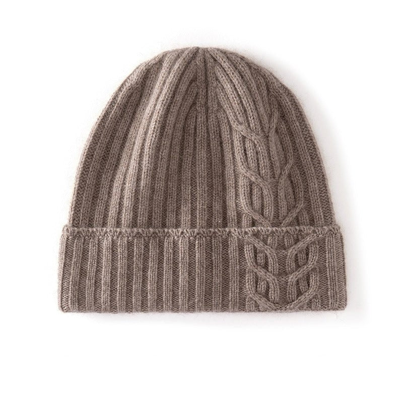 Womens 100% Cashmere Beanie Cable Knit Cashmere Hat Ribbed Fold Brim