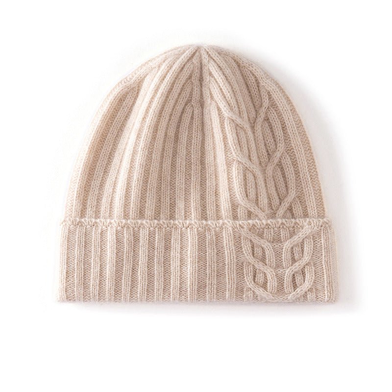 Womens 100% Cashmere Beanie Cable Knit Cashmere Hat Ribbed Fold Brim