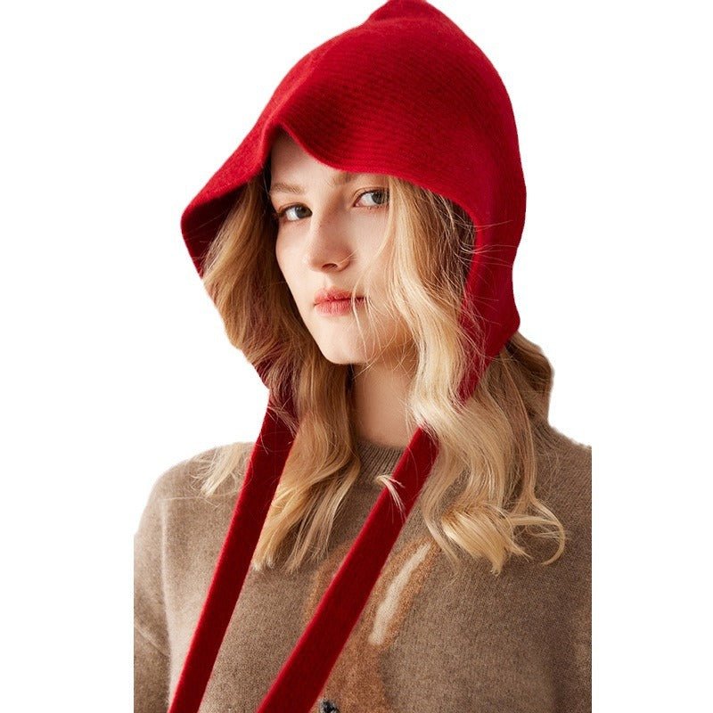Womens 100% Cashmere Knit Hood with Ties Cashmere Hood Hat