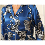 Womens 100% Silk Pajama Set Bold Tiger Print Sleepwear Silk Set Navy Blue XS