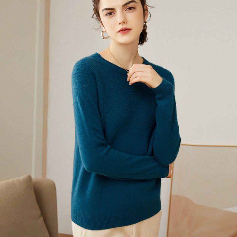 Womens Cashmere Pointelle Yoke Sweater Hollow - out Crewneck Sweater